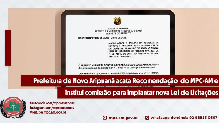 Prefeitura de Nova Aripuanã acata Recomendação do MPC-AM e institui comissão para implantar nova Lei de Licitações